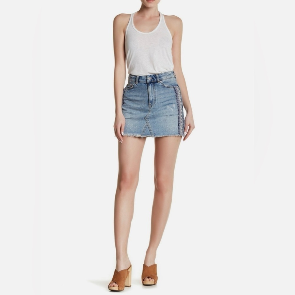 Free People | Side Stripe Embellished Miniskirt In Distressed Denim
